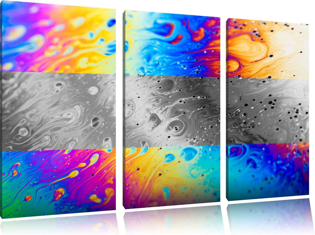 bunte Ölspritzer auf Glas schwarz/weiss 3-Teiler Leinwandbild 120x80 Bild auf Leinwand, XXL riesige