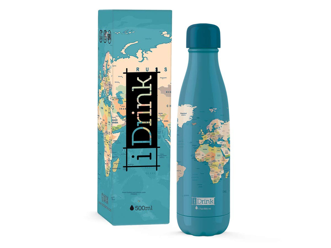 I-Drink - Trinkflasche 350/500/1000 ML Thermoflasche aus Stahl (500 ML, Blue Map)