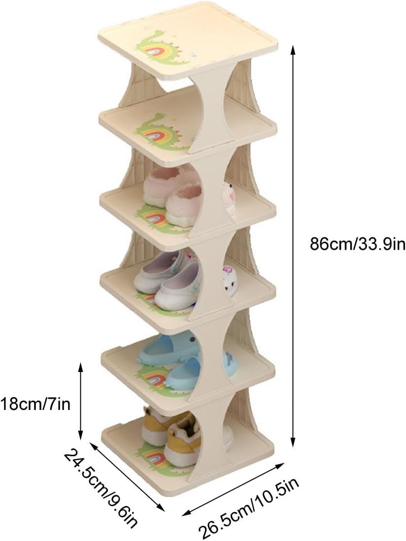 Schuhregal Kinder Verstellbar, 6 Stöckige Schuhregal Schmal und Hoch, Shoe Rack Weiss mit Dinosaurie