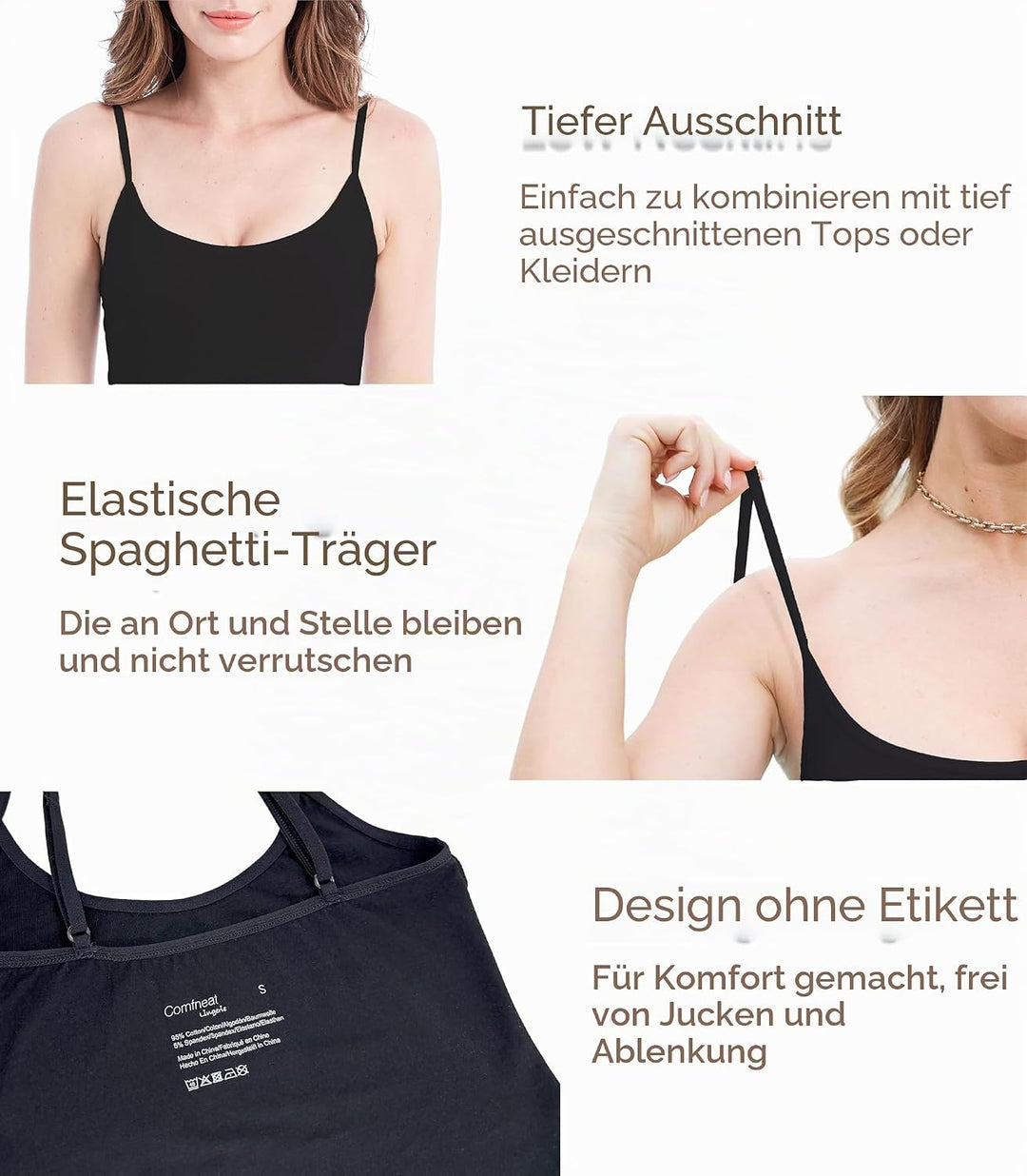 Comfneat Damen 4-Pack Spaghetti Tops Slim-Fit Verstellbare Träger Camisole Baumwolle Elasthan Unterh