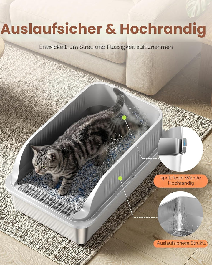 Katzenklo Edelstahl, Katzentoilette Gross XXL mit Schaufel, Katzenklo mit Abnehmbares Hoher Rand, Ha