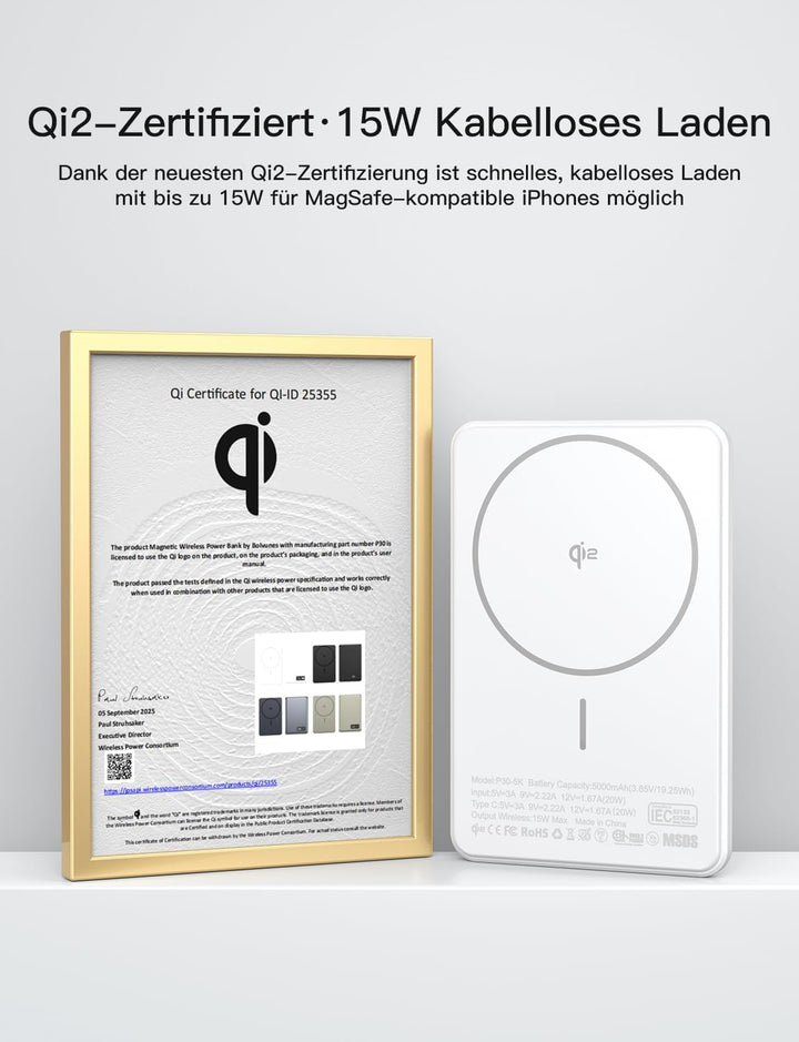 Powerbank Power Bank für MagSafe Slim Dünn 5000mAh Qi2 15W Max Digitalanzeige Schlank Schnellladen M