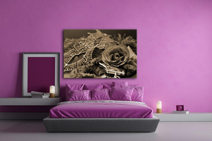 deyoli Handschellen Maske und eine Rose Format: 80x60 Effekt: Sepia als Leinwand, Motiv fertig gerah