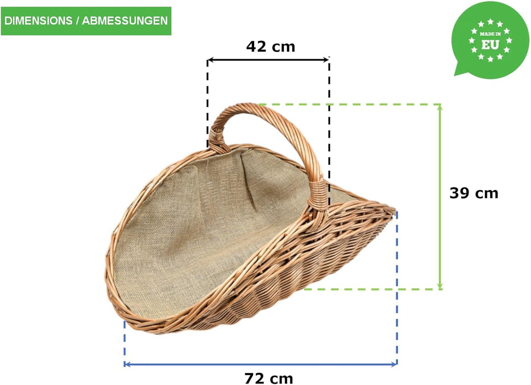 Kaminholzkorb aus Rindenweide mit Jutefutter (72 × 42 × 25/39 cm) – Handgeflochtener Weidenkorb zum