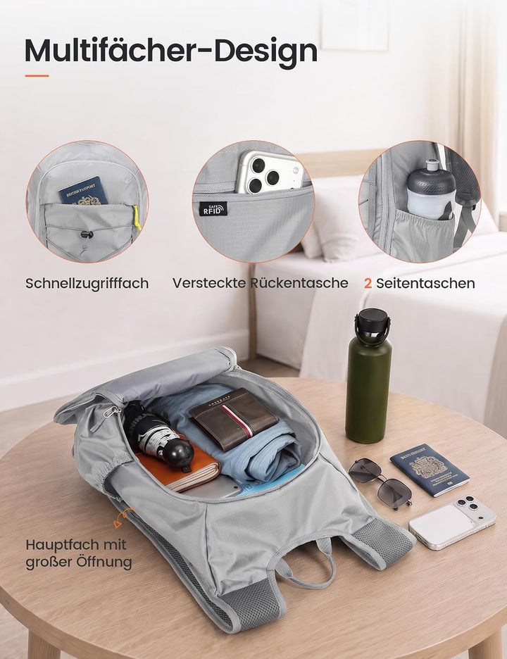 SKYSPER Faltbarer Rucksack 18L, Wanderrucksack Klein mit Brustgurt Hellgrau, Hellgrau