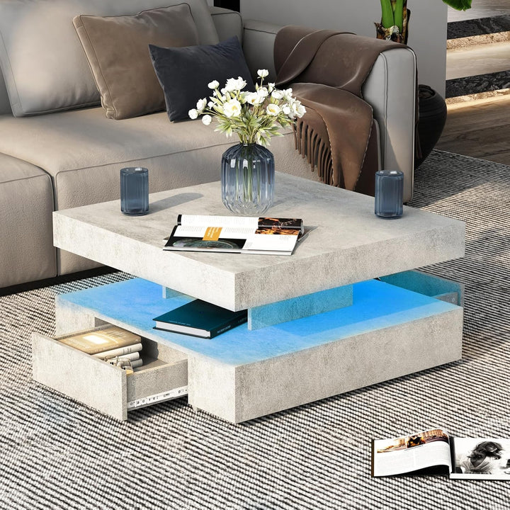 Couchtisch LED, Wohnzimmertisch mit 2 Schubladen für Wohnzimmer 78 x 78 x 40cm (Grau), Grau