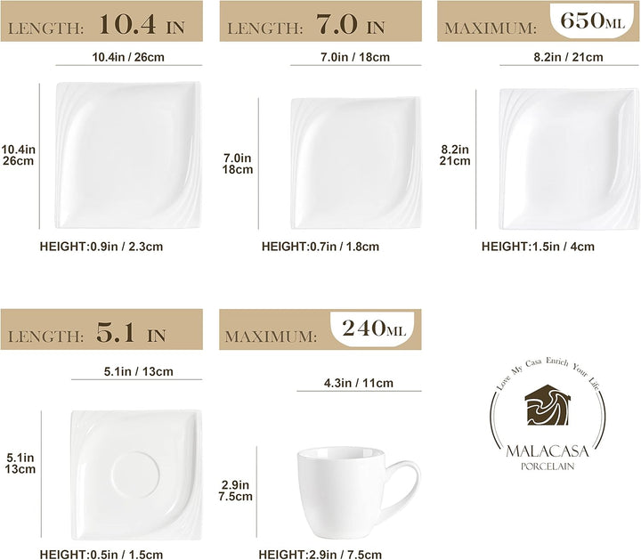 MALACASA, Serie Monica, 60 TLG. CremeWeiss Porzellan Geschirrset Kombiservice Tafelservice mit je 12