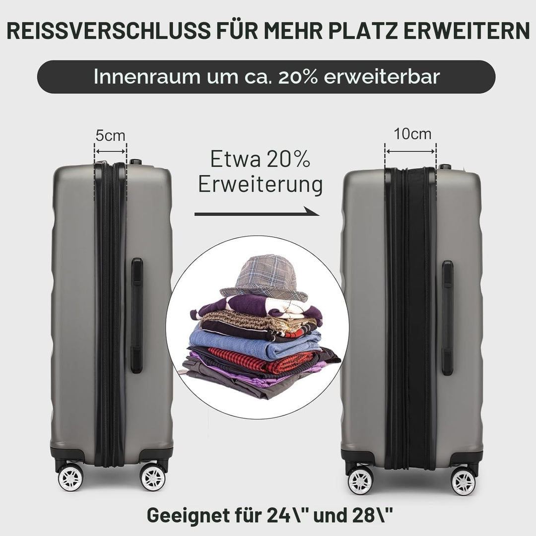 KONO Koffer Trolley Kofferset 3 Teilig Erweiterbarer Leichte Hartschalenkoffer aus ABS+PC Reisekoffe