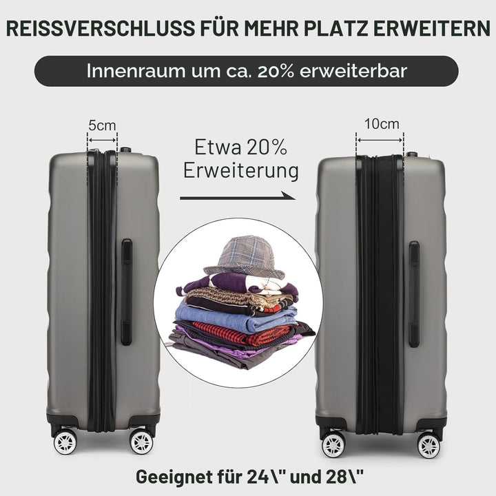 KONO Koffer Trolley Kofferset 3 Teilig Erweiterbarer Leichte Hartschalenkoffer aus ABS+PC Reisekoffe