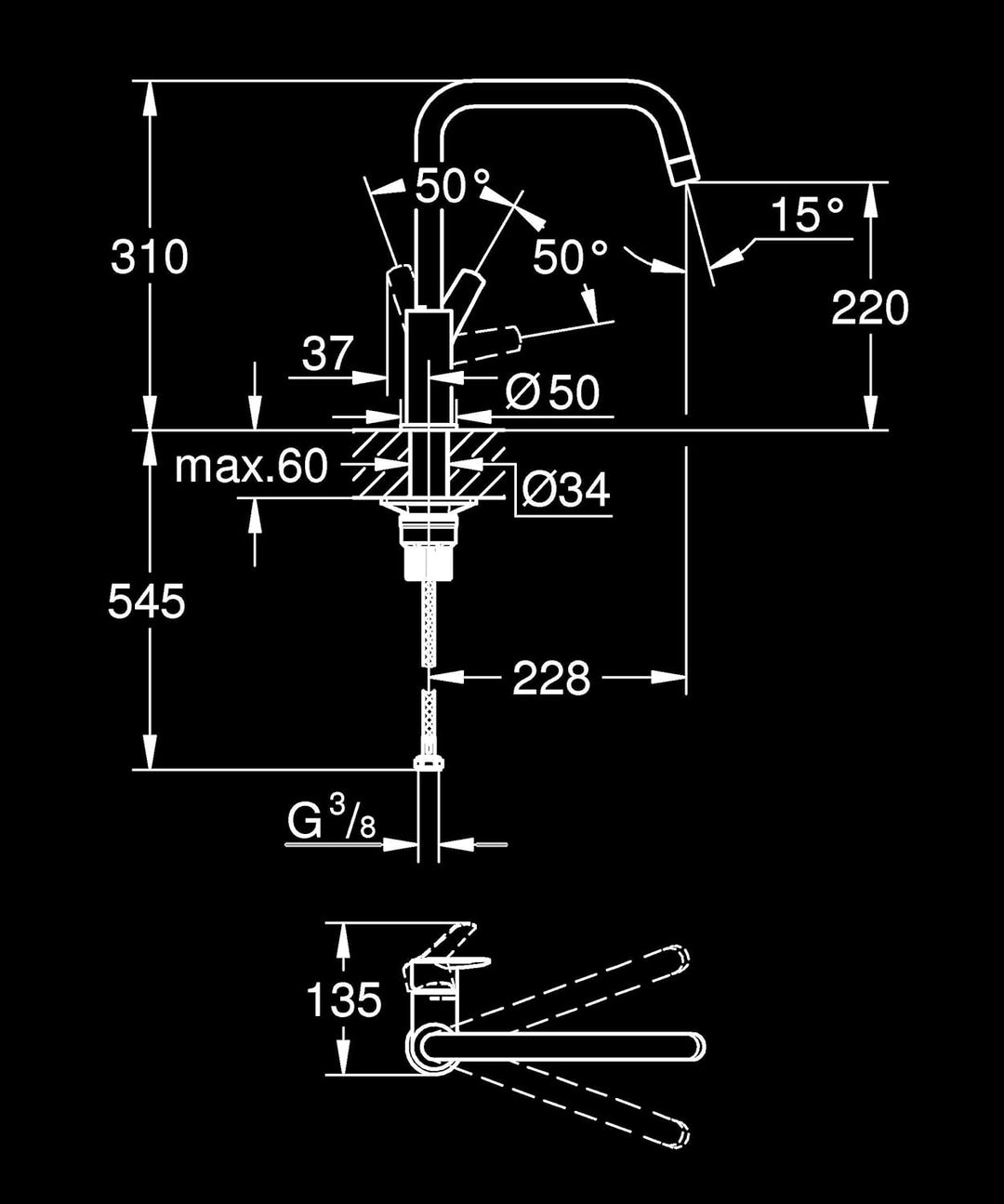 GROHE Start - Einhand-Spültischbatterie (Schwenkbereich 150°, Einlochmontage, hoher Auslauf), matt s