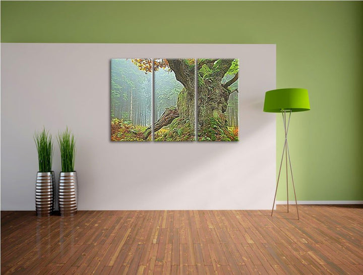 Dicker Baum im Wald im Moos Spezial 3-Teiler Leinwandbild 120x80 Bild auf Leinwand, XXL riesige Bild