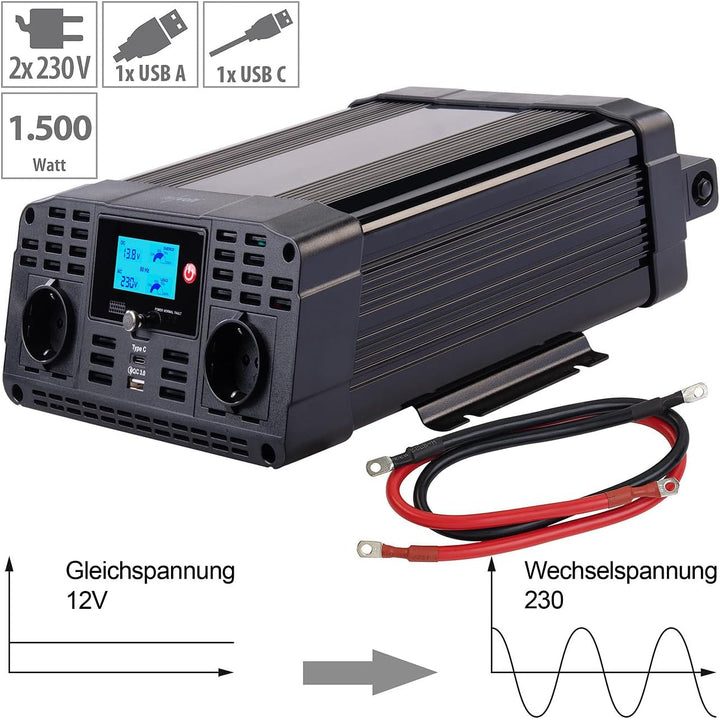 revolt Sinus Wechselrichter: 12-V-Wechselrichter auf 230 Volt, USB-A und -C, 1.500 Watt, Sinuswelle