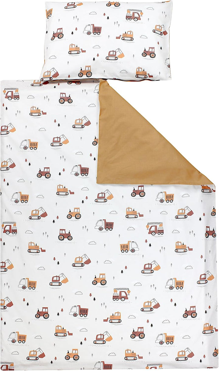 TupTam Kinder Bettwäsche Gemustert 2-Teilig Wendebettwäsche, Farbe: Baufahrzeuge/Bagger/Beige/Kakaob