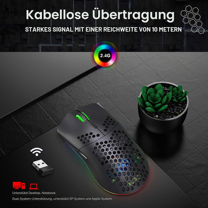 Drahtlose Gaming Maus, 2,4G Superleichte Wabenschale Ergonomische RGB-Mäuse mit 750mAh Akku, Energie