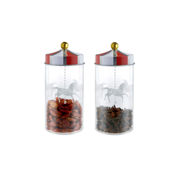 Alessi Circus MW68S2 - Design Set Bestehend aus Zwei Gewürzbehälter aus Glas Mit Aufdruck Und Abgedi