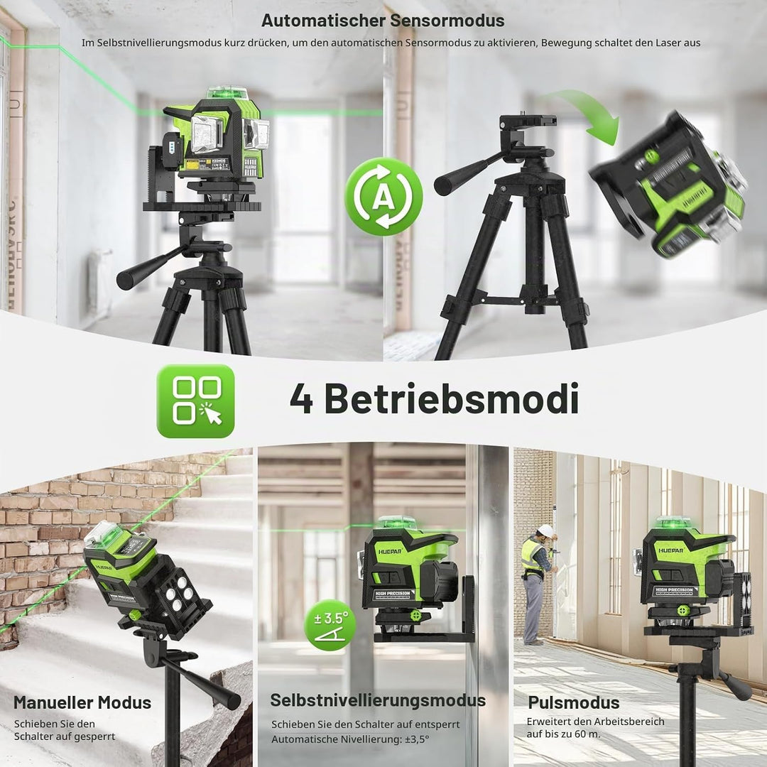 Huepar 4D 16-Linien-Laser, selbstnivellierendes Laserwerkzeug mit grünem Strahl, LCD-Bildschirm und