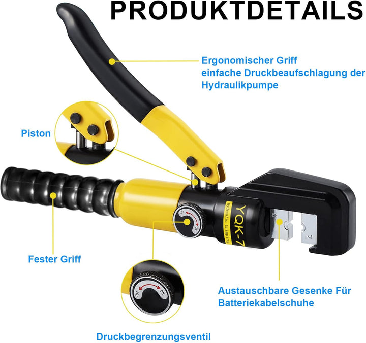 Solsop Hydraulische Crimpzange 4-70 mm², Kabelschuh Presszange 80 kN mit 9 Crimpeinsätzen, Crimpwerk