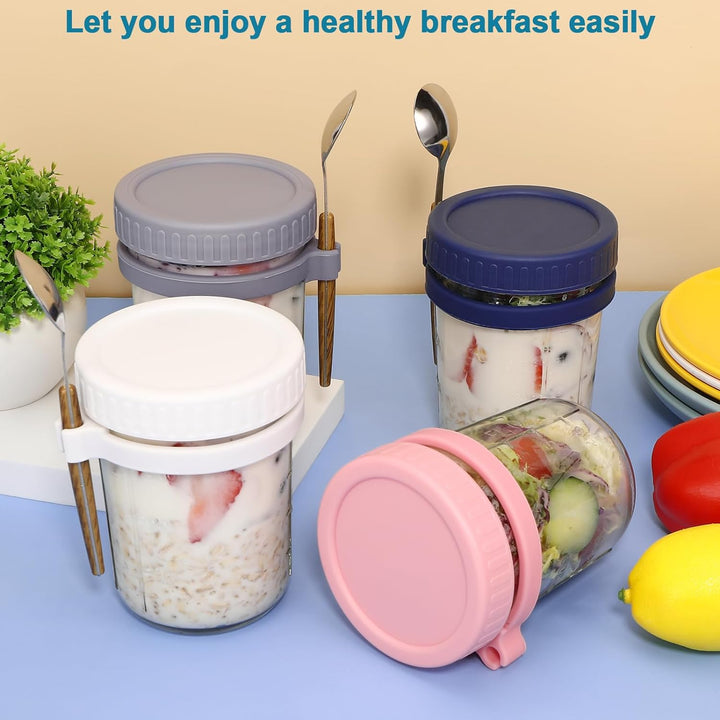 Collazoey 4 Stück Glas Müslibecher to go mit Deckel und Löffel, 400ml Haferbehälter, Overnight Oats