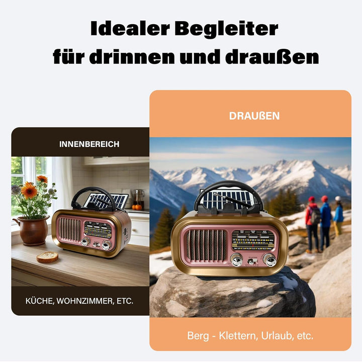 Retro Radio mit mit Solarzelle, AM/FM/SW Klein Radio Batteriebetrieben und Küchenausführung 1200mAh