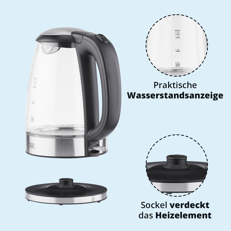 KHG WK-1715GES Wasserkocher Glas. LED, 1,7 Liter, Kalkfilter, Trockengehschutz & Abschaltautomatik,