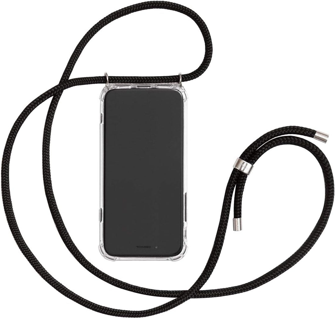KNOK Premium Handykette für Apple iPhone 15 Pro Max, Schwarz Silber | Silikonhülle mit fest verbunde