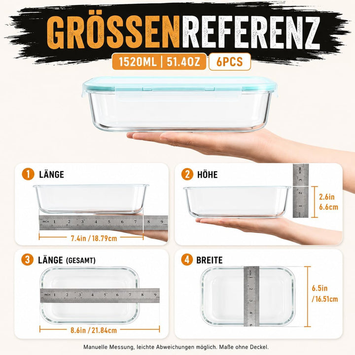 ERUIV Glasbehälter Mit Deckel (6 Stück),1520ML Lebensmittelkonservierung Meal Prep Boxen Glas, Kann