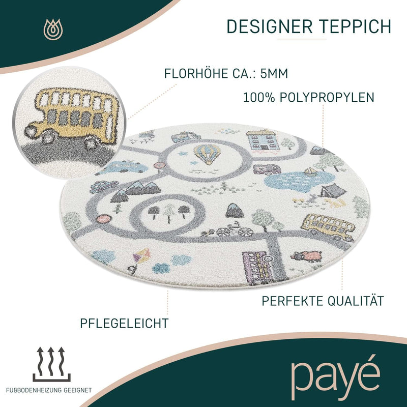 payé Teppich Kinderzimmer - Creme - 120x120cm - Strassenteppich - Pastellfarben Spielteppich Kindert