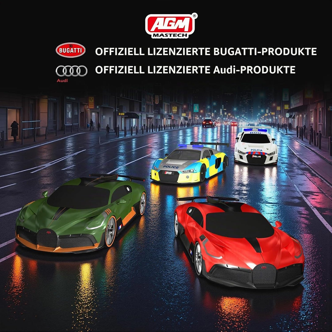 AGM MASTECH 18,7 Fuss Slot Car Rennbahn Set, 4 offiziell lizenzierte Lichtspielzeugautos, Lenkrad- u