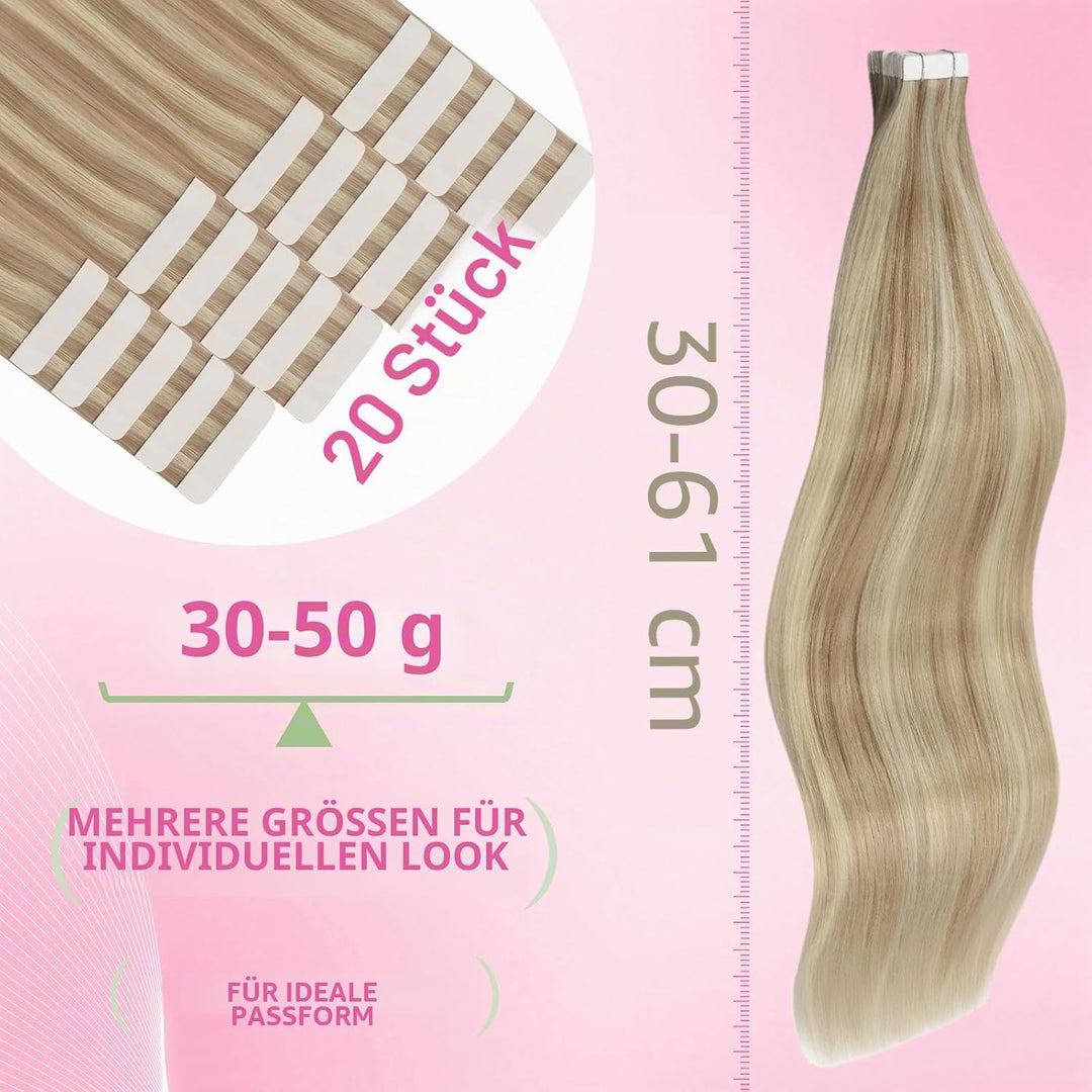 YoungSee 50g Tape Extensions Echthaar Blond Echthaar Extensions Tape Aschblond Highlight Blond Invis
