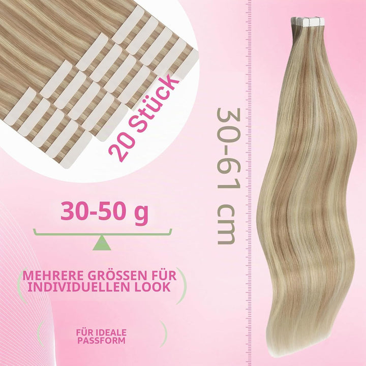 YoungSee 50g Tape Extensions Echthaar Blond Echthaar Extensions Tape Aschblond Highlight Blond Invis