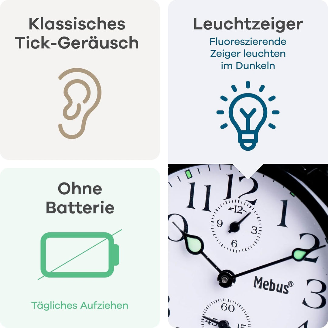 Mebus Mechanischer Aufzugswecker mit klassisches Glocken-Läutwerk, Leuchtzeigern – mehr Retro geht n
