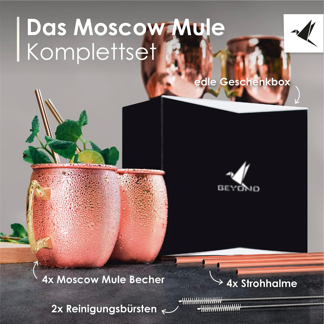 Beyond Moscow Mule Becher Set Kupferbecher - Becher aus Kupfer mit Strohalmen & Geschenkbox I Moskau