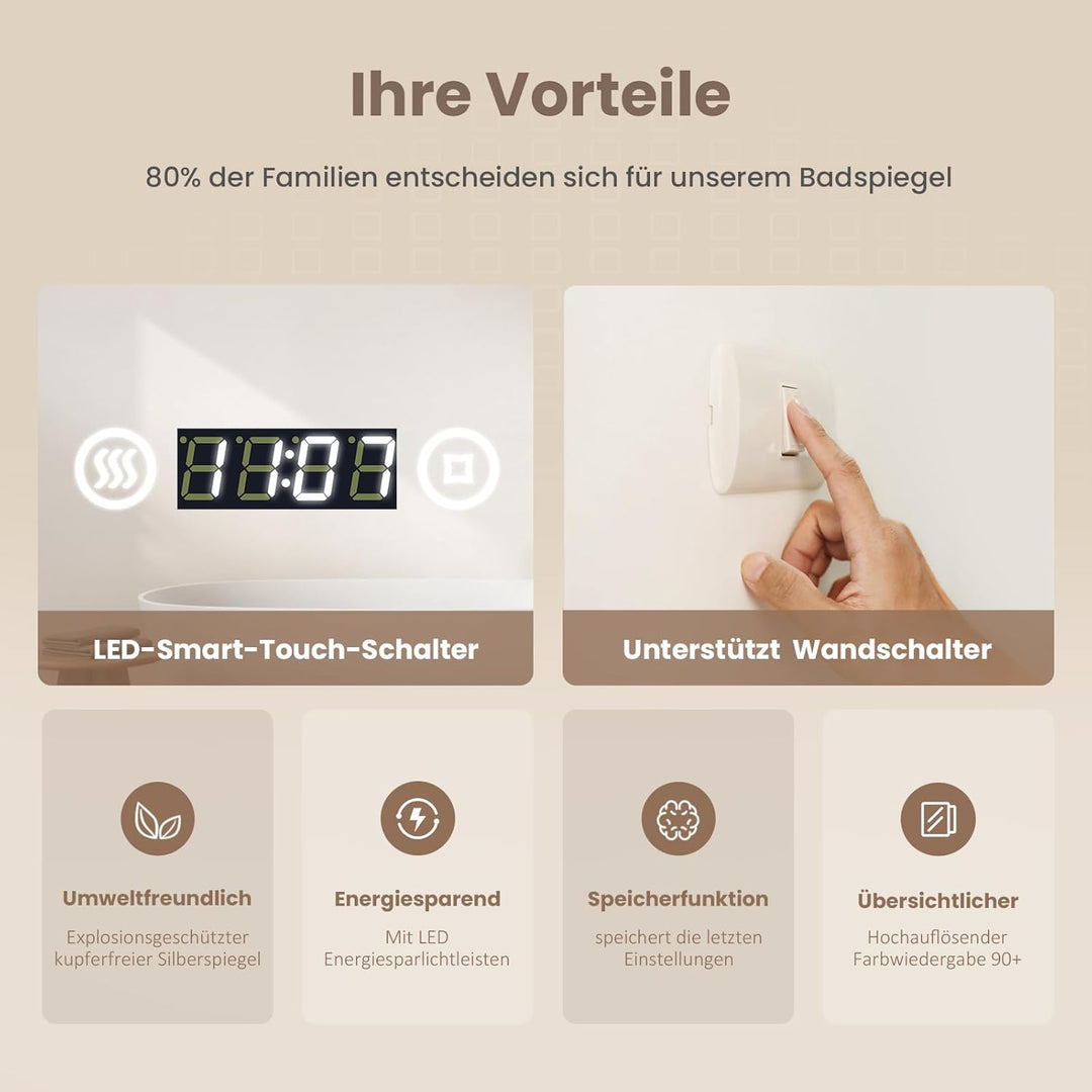 EMKE LED Badspiegel 80x60cm Badezimmerspiegel mit Beleuchtung Lichtspiegel Wandspiegel mit Touchscha