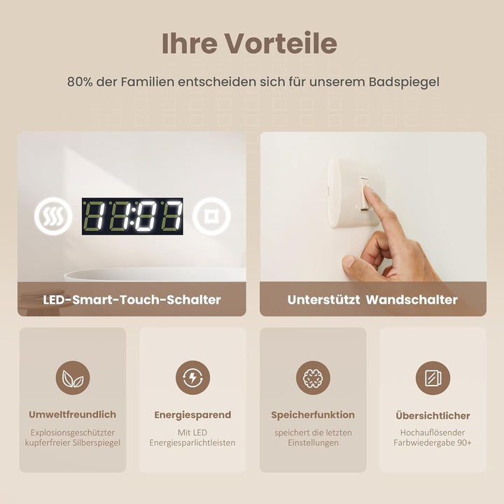 EMKE LED Badspiegel 80x60cm Badezimmerspiegel mit Beleuchtung Lichtspiegel Wandspiegel mit Touchscha