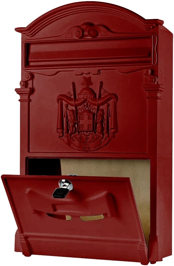 Melko Retro Briefkasten mit A4 Einwurf-Format, Aluguss und Stahl, ca. 25,5 x 8,6 x 41 cm, Rot, Rot