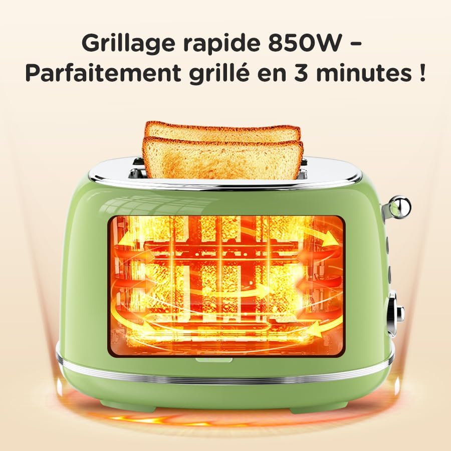 Retro Toaster 2 Scheiben Edelstahl – Brötchenaufsatz, 6 Röststufen, Vorheiz- und Auftaufunktion, Abs