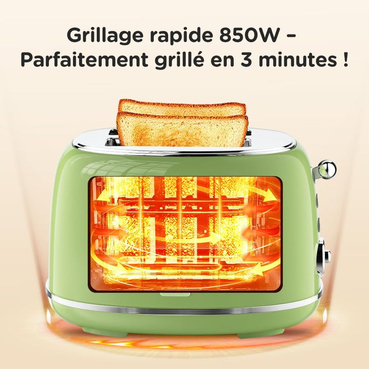 Retro Toaster 2 Scheiben Edelstahl – Brötchenaufsatz, 6 Röststufen, Vorheiz- und Auftaufunktion, Abs