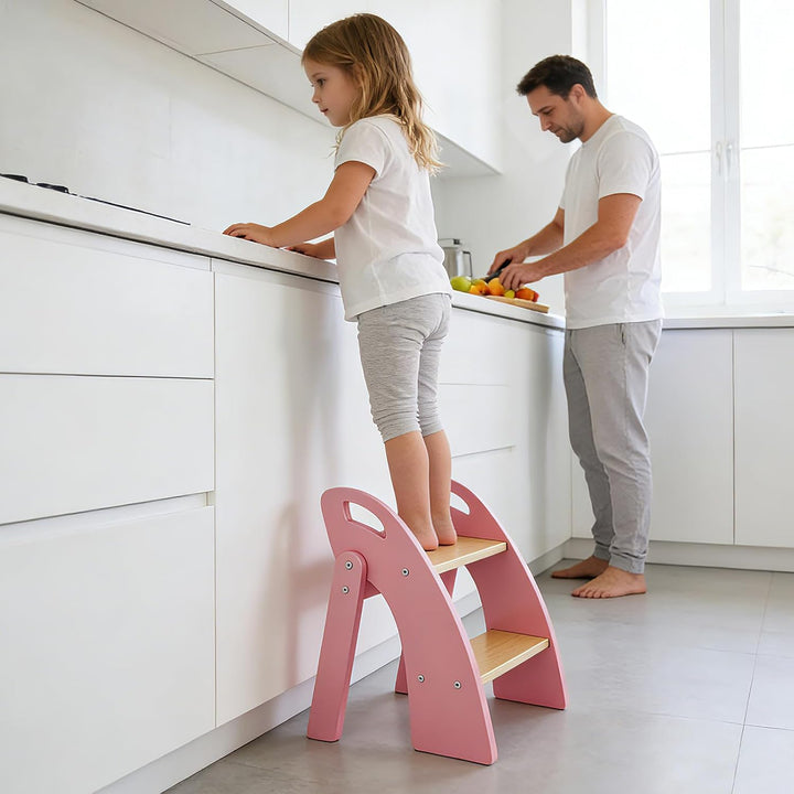 Tritthocker Kinder 2 Stufen, Trittleiter Klappbar Holz mit Griff, Tragfähigkeit bis zu 135KG, Tritts