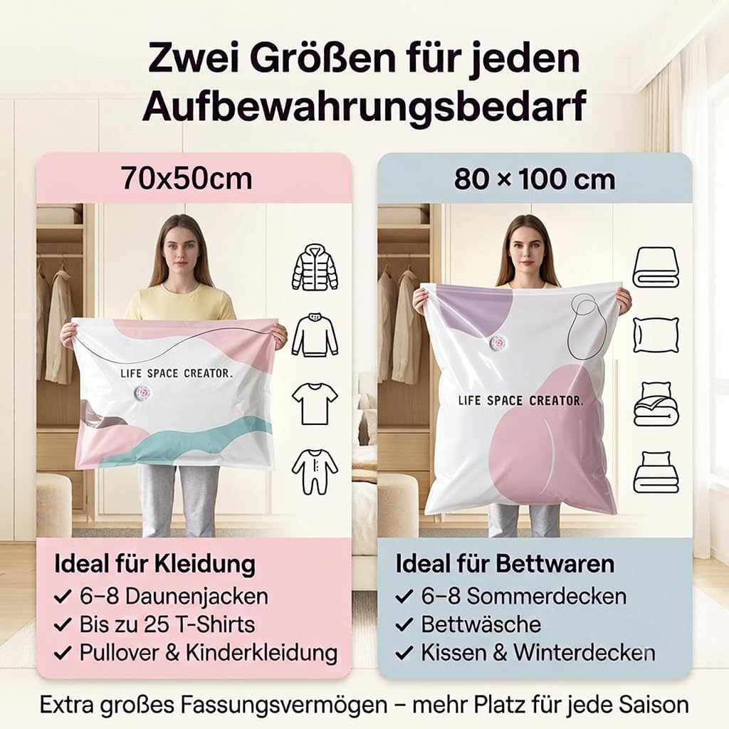 10 Stück Vakuumbeutel Ohne Pumpe (5x 80x100cm, 5x 50x70cm), Extra Dicke Vakuum-Aufbewahrungsbeutel f
