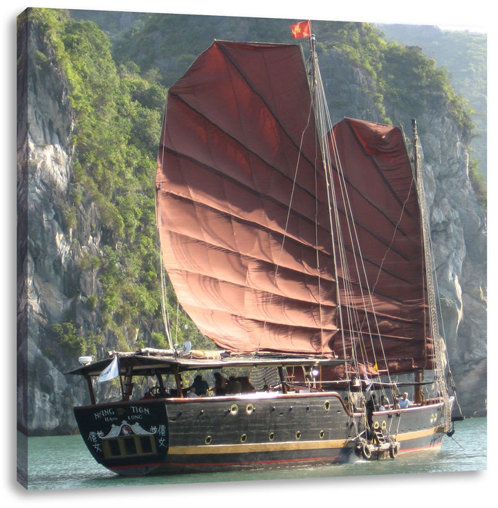 Pixxprint Segelschiff im Sonnenuntergang 70x70cm Leinwandbild Wandbild Kunstdruck, 70x70