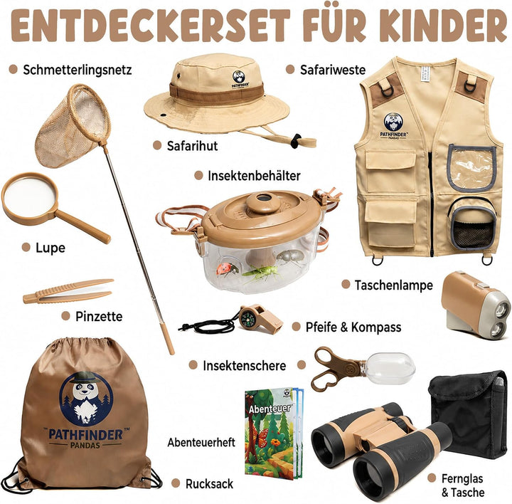Entdecker-Set für Kinder mit Safariweste, Hut & Insektenfang-Set – Abenteuerführer & Schnitzeljagd –