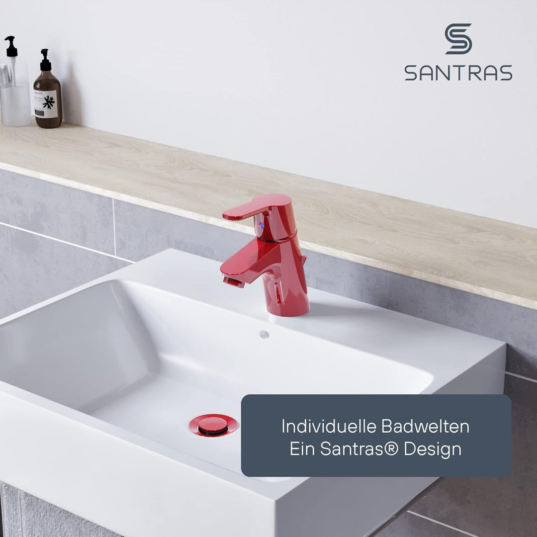 SANTRAS® Waschtischarmatur für das Bad mit Zugstange in Rot – Einhebel-Mischarmatur warm kalt für ei