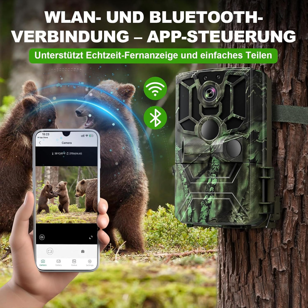 Wildkamera mit Handyübertragung App, 5K Video 60MP Full HD WLAN Bluetooth Wildtierkamera Nachtsicht