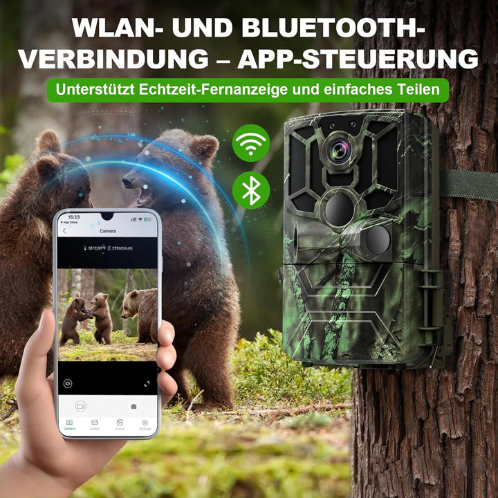 Wildkamera mit Handyübertragung App, 5K Video 60MP Full HD WLAN Bluetooth Wildtierkamera Nachtsicht