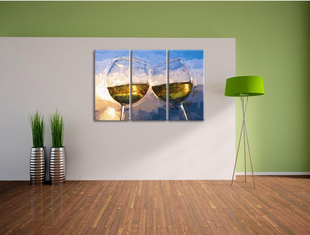 Pixxprint Weingläser im Sonnenuntergang am Meer Pinsel Effekt 3-Teiler Leinwandbild 120x80 Bild auf