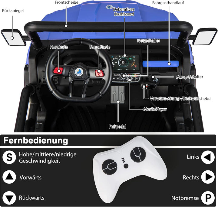 GOPLUS Kinder Elektroauto, 2-Sitzer Kinderauto mit Kippbett & Schaufel, Fernbedienung, Musik, Schein