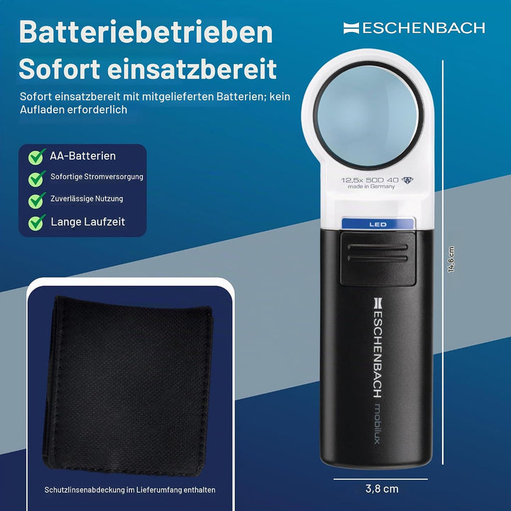 Eschenbach Optik Handlupe mobiluxLED mit LED-Beleuchtung und 12,5X-Vergrösserung Linsengrösse: (Ø) 3
