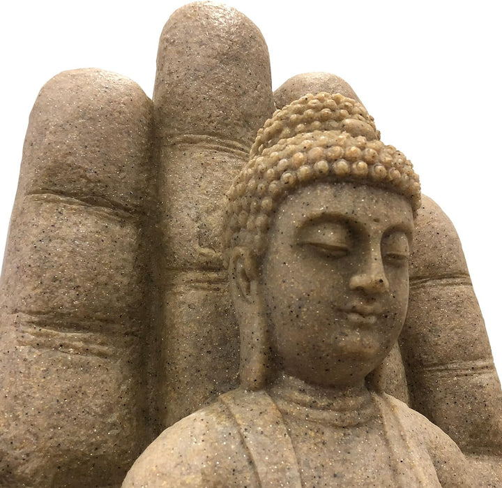 Brunnen Buddha Calm Sandstein-Optik, aus Polyresin inkl. Pumpe und LED | Deko-Wasserbrunnen für Gart