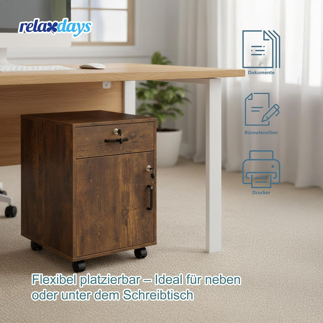 Relaxdays Rollcontainer, Schublade & Türfach, HBT: 57 x 40 x 40 cm, abschliessbar, Aktenschrank auf