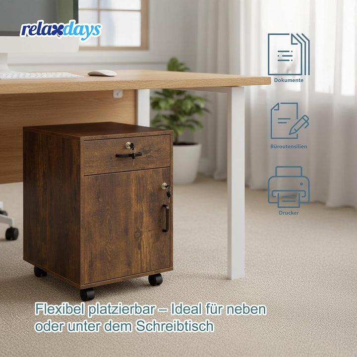 Relaxdays Rollcontainer, Schublade & Türfach, HBT: 57 x 40 x 40 cm, abschliessbar, Aktenschrank auf